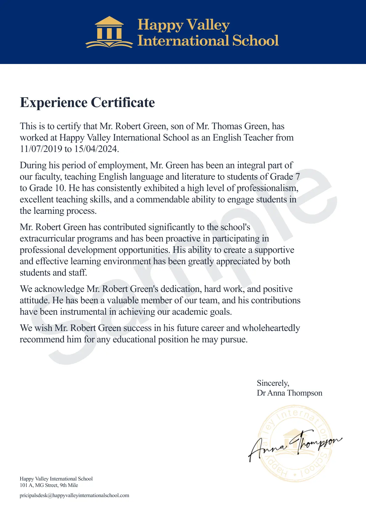 teaching experience certificate